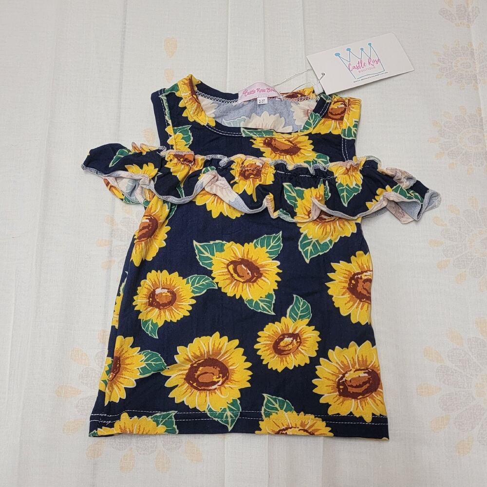 Toddler Castle Rose Top With Sunflowers Broad Strap Sleeve Sz 2T-3T